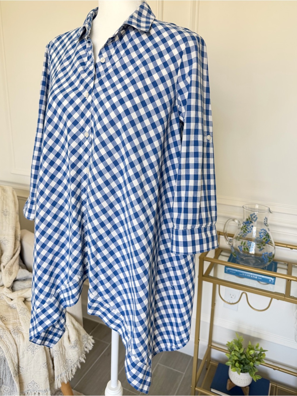 Anne Klein Blue Gingham Shirt Coastal Preppy Hamptons Chic Roll Tab Euro Summer - Picture 7 of 15